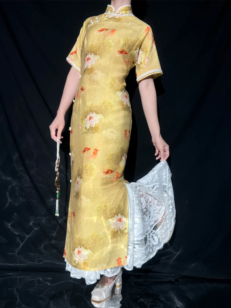 

Новое женское летнее модифицированное ципао с принтом лотоса, с высоким разрезом, дышащее, из смесового полиэстера и хлопка