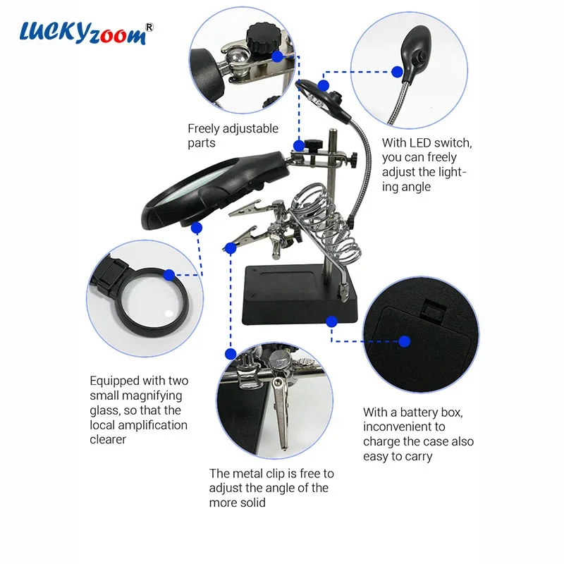 Third Hand Soldering Magnifier 10X 7X 2.5X Table LED Magnifying Glass Auxiliary Helping Clip Iron Holder Repair Welding Loupe