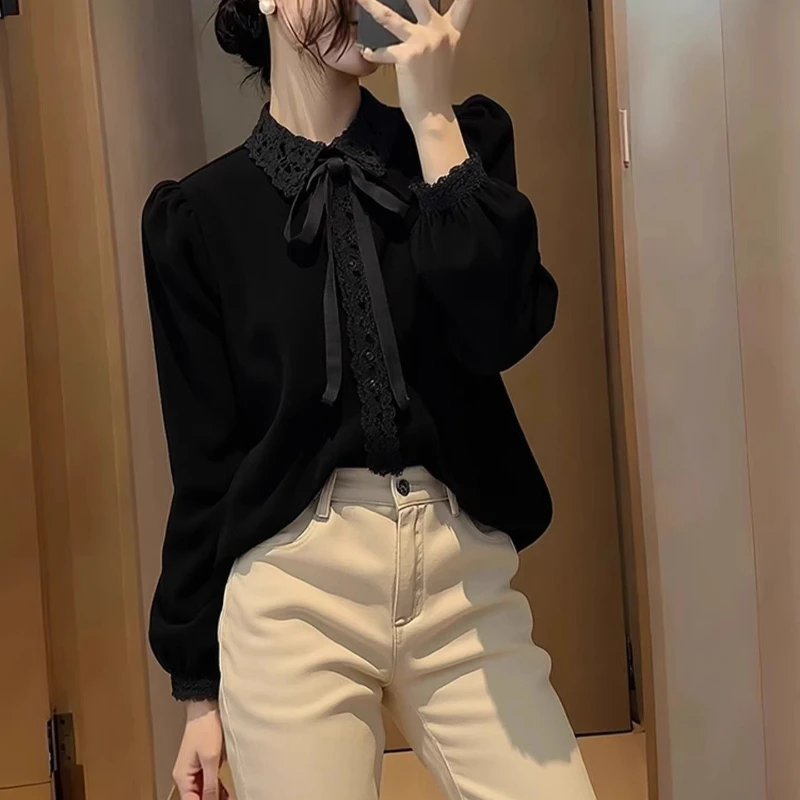 French Vintage Spliced Lace Bow Turn Down Collar Blouse Y2k Aesthetic Single Breasted All Match Clothe Velvet Loose Casual Shirt