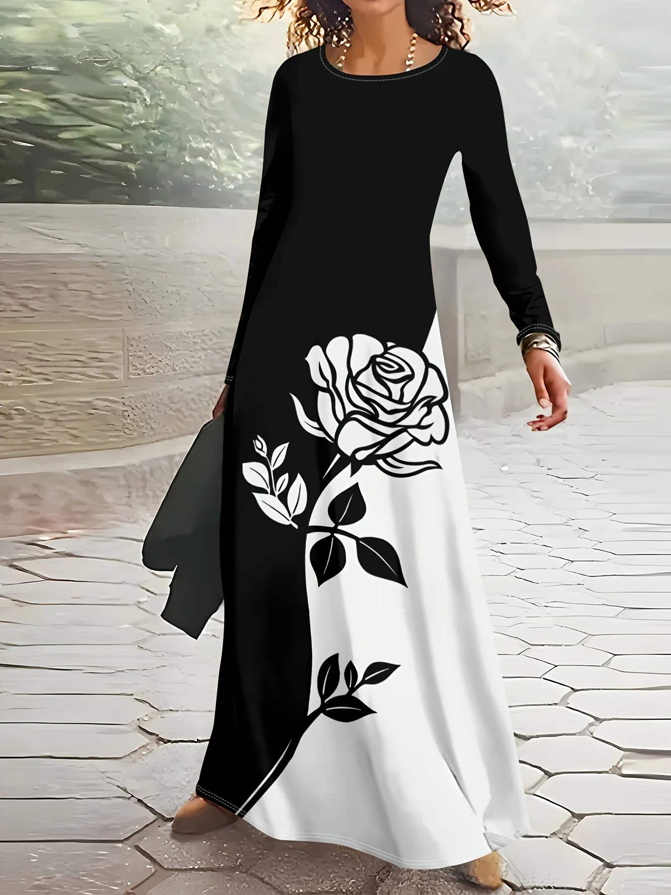 Lässiges, schwarz-weißes, langärmliges Damenkleid mit Blumendruck, Rundhalsausschnitt, A-Linie, Midikleid für Herbst- und Wintermode