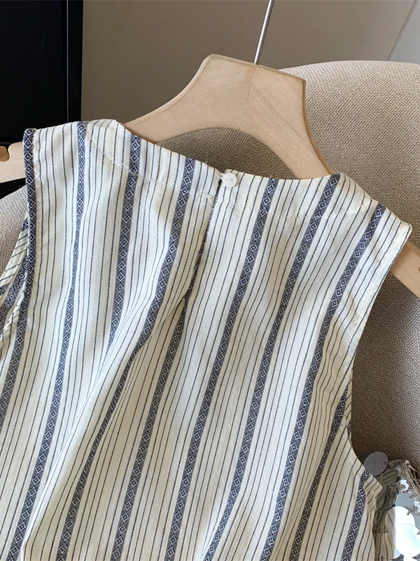 Gilet rétro rayé en coton et lin pour femmes, poupée Svel ample, haut irt, grande taille, tendance, été