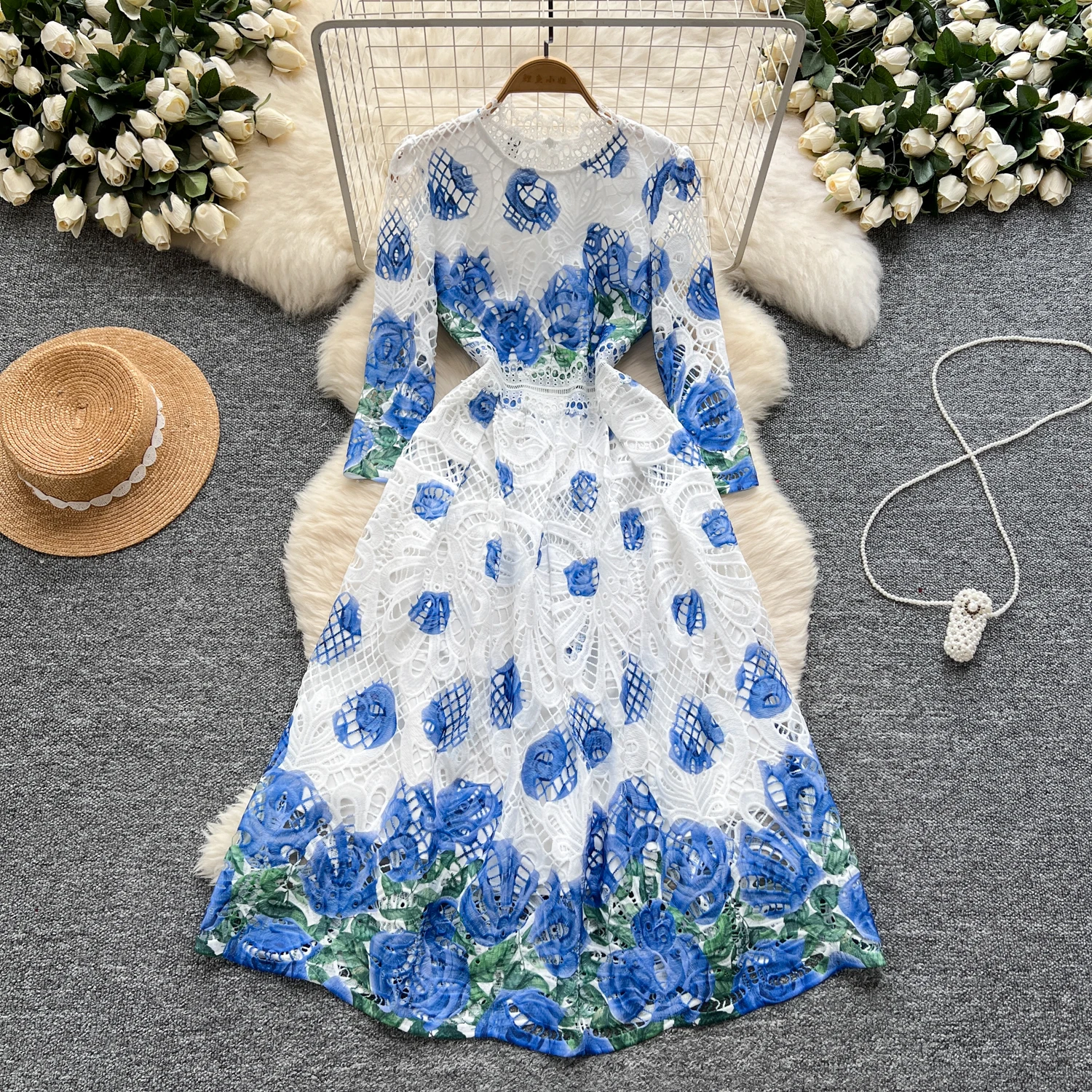 Elegant Vintage Sexy O-neck Chic Fashion Hollow Out Hook Flower Lace Print Slim Long Dresses French High Street Autumn Clothing