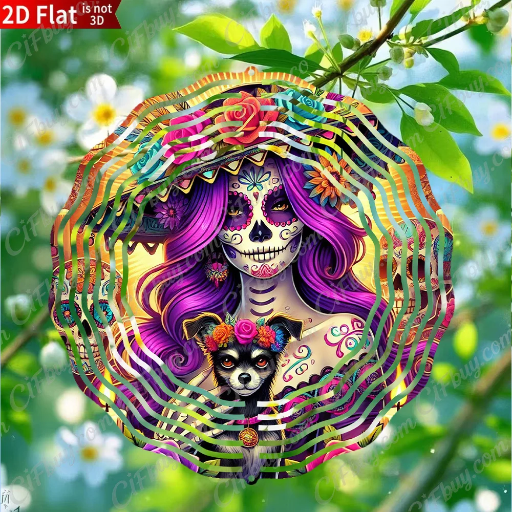 CIFBUY Wind Chime Skull Girl With Puppy Halloween 360° Rotating Metal Spinner Outdoor Garden Yard Porch Hanging Decor Gift