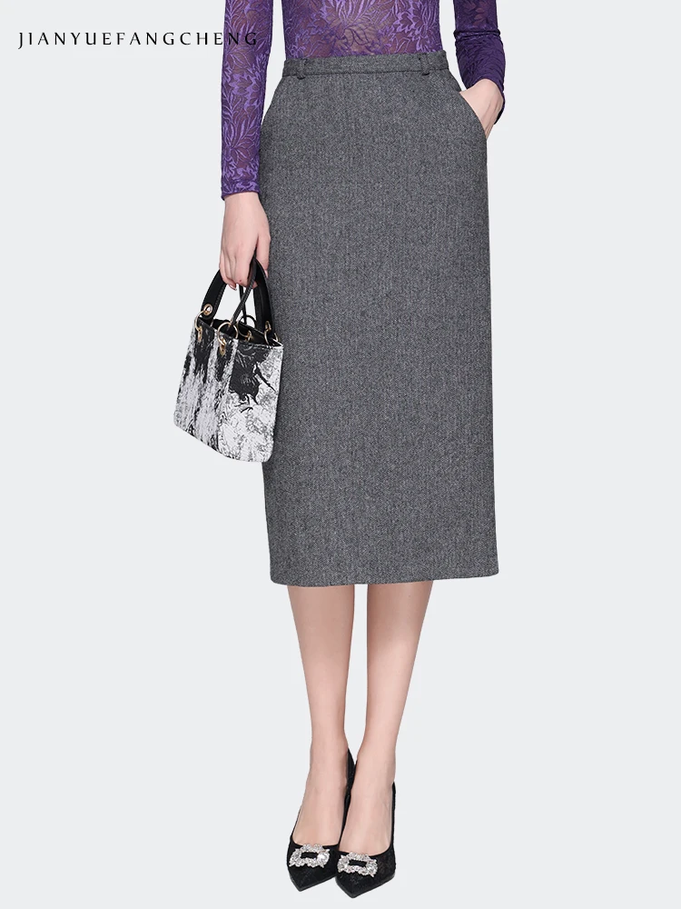 2023 Fall Winter Women Grey Woolen Straight Skirt With Pockets High Waist Mid-length Vintage Casual Working Office Bottoms