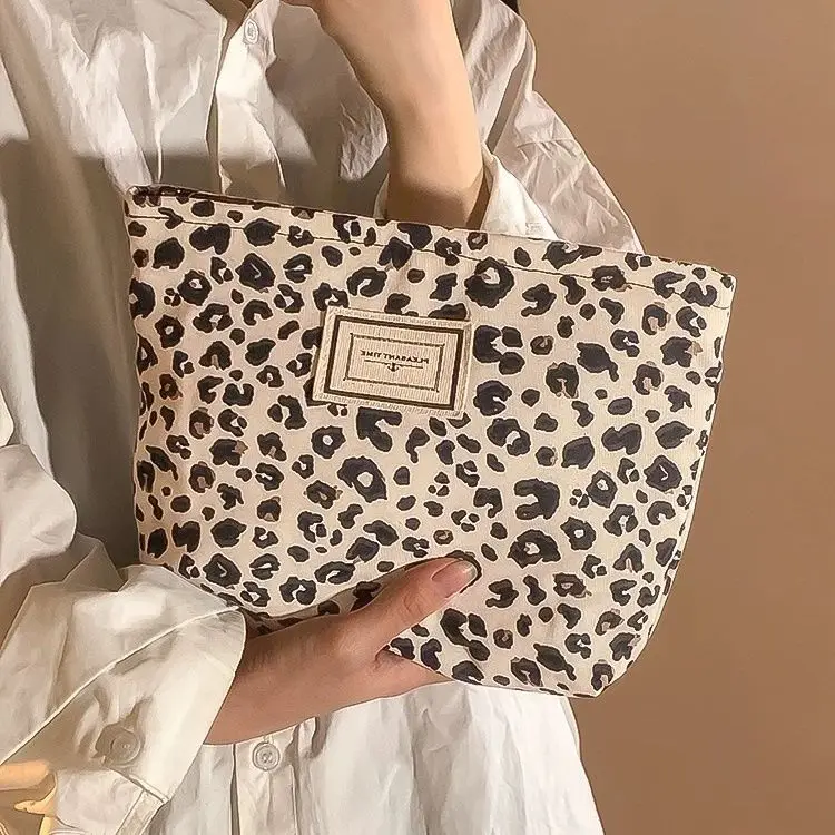 Leopard Print Canvas Makeup Bag For Women, Portable Travel, Skincare Products, Lipstick Storage Bag, Toiletry Bag
