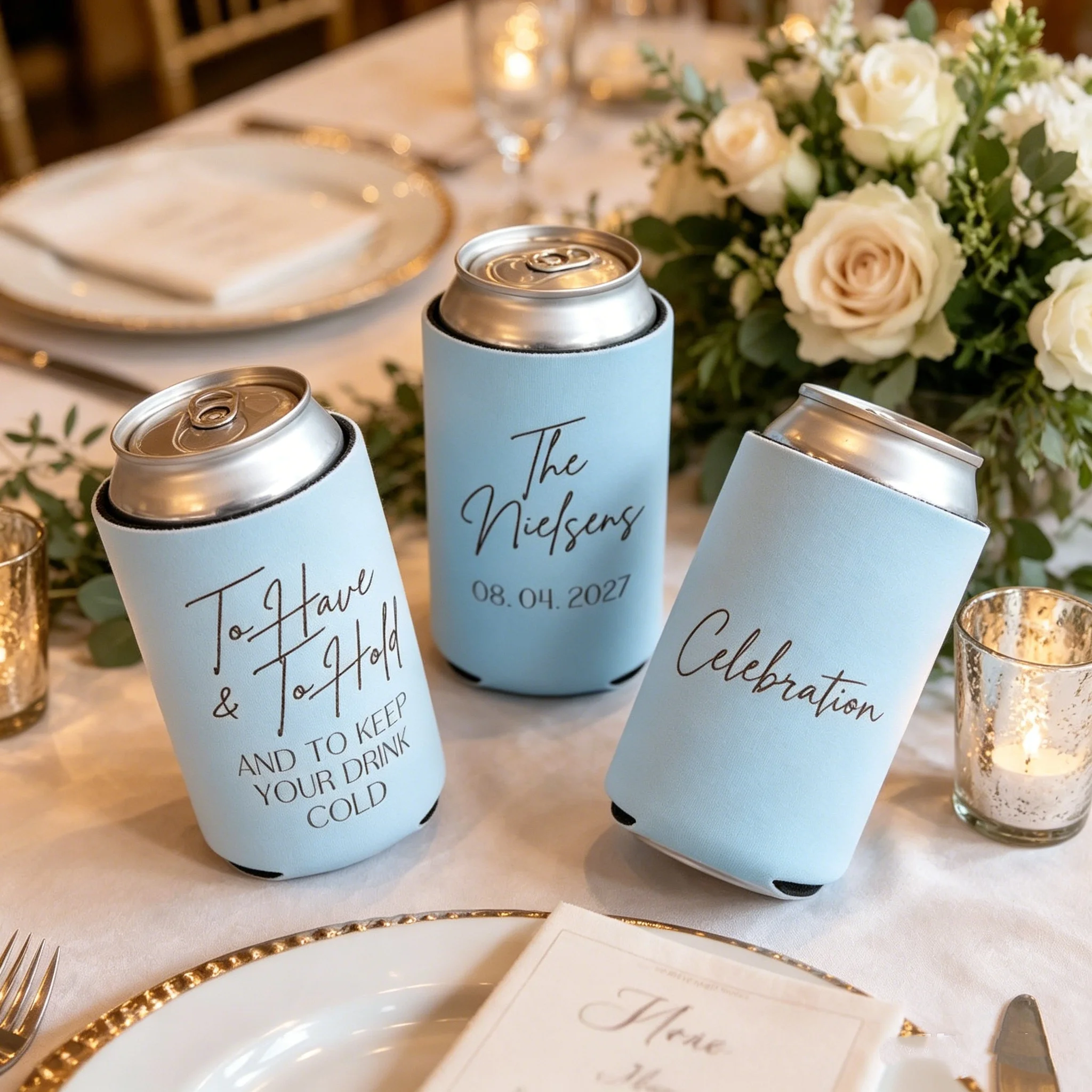 Koozie para boda Save the Date |   Enfriador de Latas Personalizado para Bodas |   Recuerdo de Boda Personalizado |   Tener y sostener a Koozie |   Paquete de compromiso