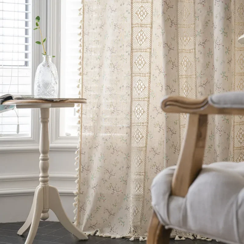 

America Hollow Splicing Floral Cotton Linen Thick Window Curtain Blackout Valance for The Luxury Living Room Curtains