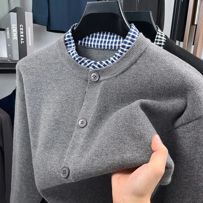 

Men's Autumn Winter Long Sleeves False Two-Piece Knitwear Britain Keep Warm High Quality Sweater Leisure Trend Men's Clothing