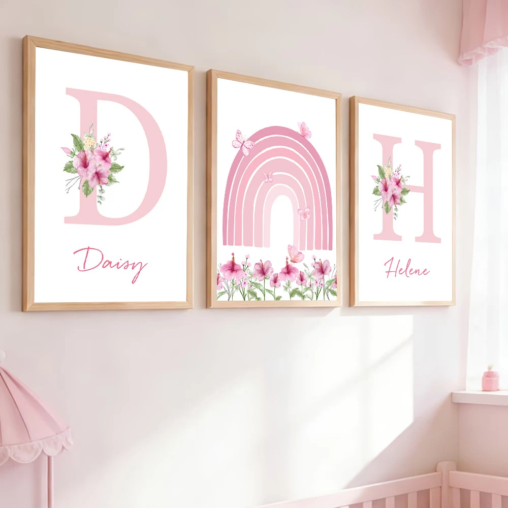 Cartoon Pink Butterfly Rainbow Wall Art Print Painting Personalized Custom Name Canvas Poster Flower Nursery Girls Room Decor