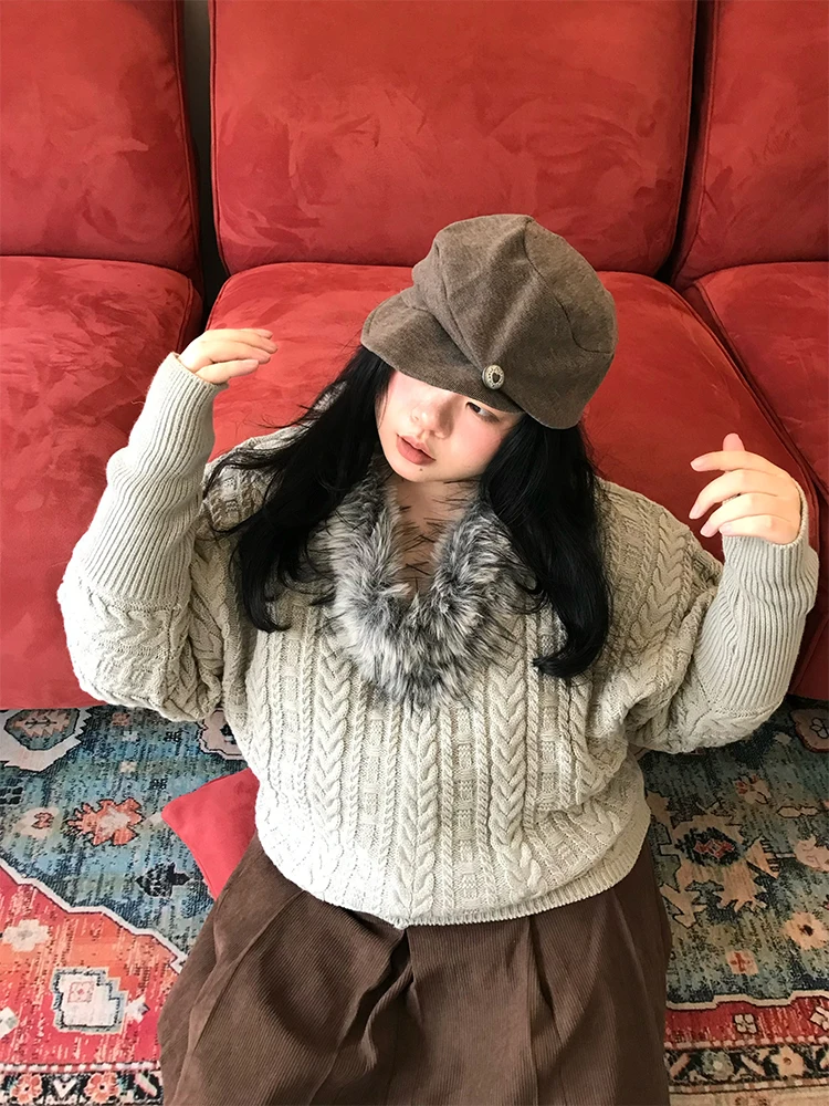 

Вязаный свитер Onism Plus Harajuku Girl большого размера, модный, теплый, с V-образным вырезом, для женщин