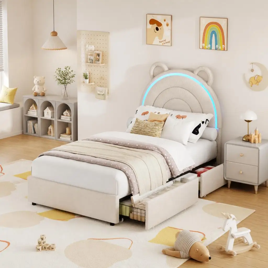 Princess Style Twin Size Upholstered Bed Frame with LED Rainbow Headboard & 4 Storage Drawers - Soft Platform, Plain Wood Slats, No Box Fresh Needed, Kids Bedroom Furniture, Pink, Twin
