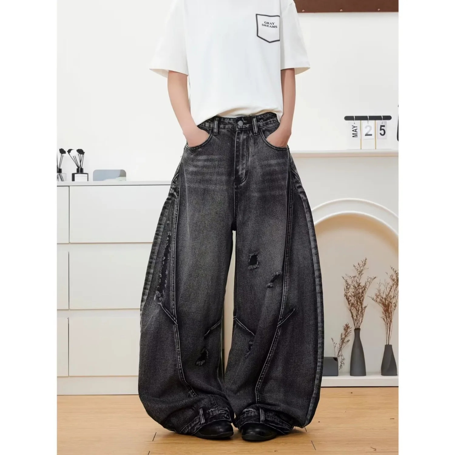 

Ripped Waed out American Sle Jeans Men's Autumn Winter Large Size 8kg Old Knife Wide Leg Pants High Waist Straight...
