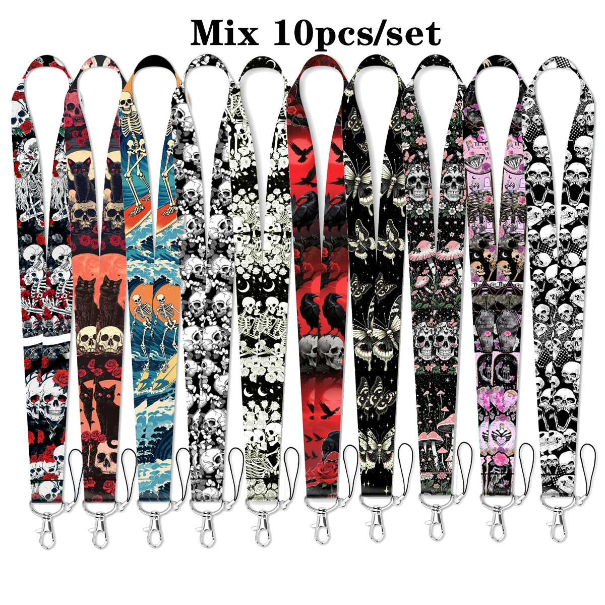 

Skeleton Rope Strap Keychain Scary Neck Lanyard For Students Keys Phone Ornaments Anti-Lost Hang Rope Halloween Gifts 10pcs/set
