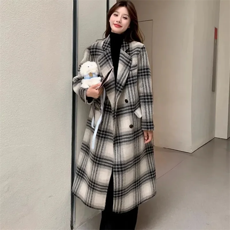 Prendas de vestir de lana holgadas para mujer coreana, abrigo por encima de la rodilla de estilos largos para mujer, chaqueta gruesa de mezcla de lana de manga larga