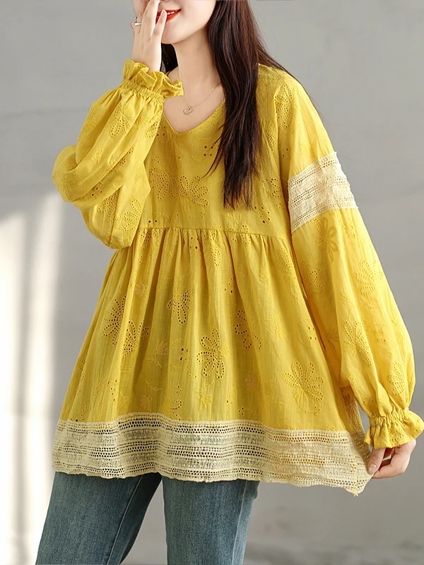 T-shirt patchwork in pizzo color sangue Lanterna da donna di grandi dimensioni Sve V-Ne che nasconde la pancia Bambola casual irt Autunno