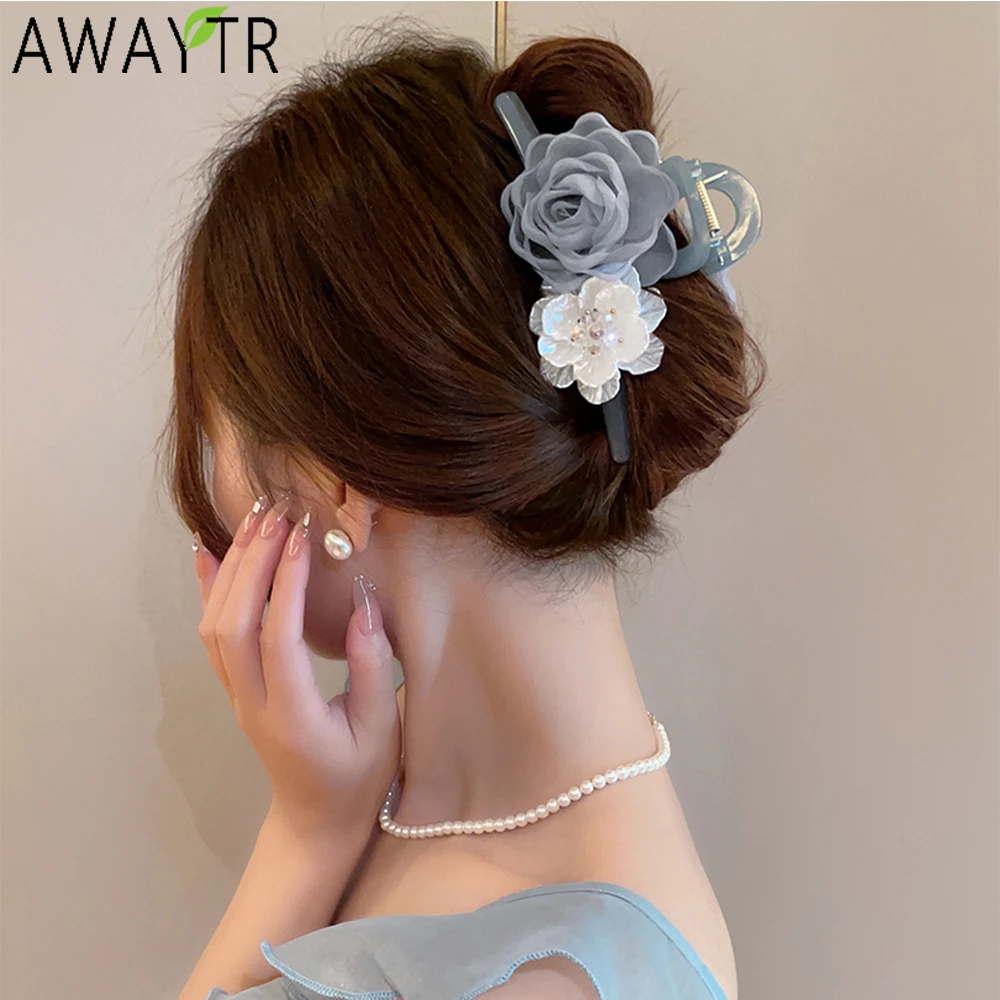 AWAYTR Korean Chiffon Flowers Hair Claws Electroplated Hair Clips Crab For Women Girl Gift Hair Accessories Valentine Headwear