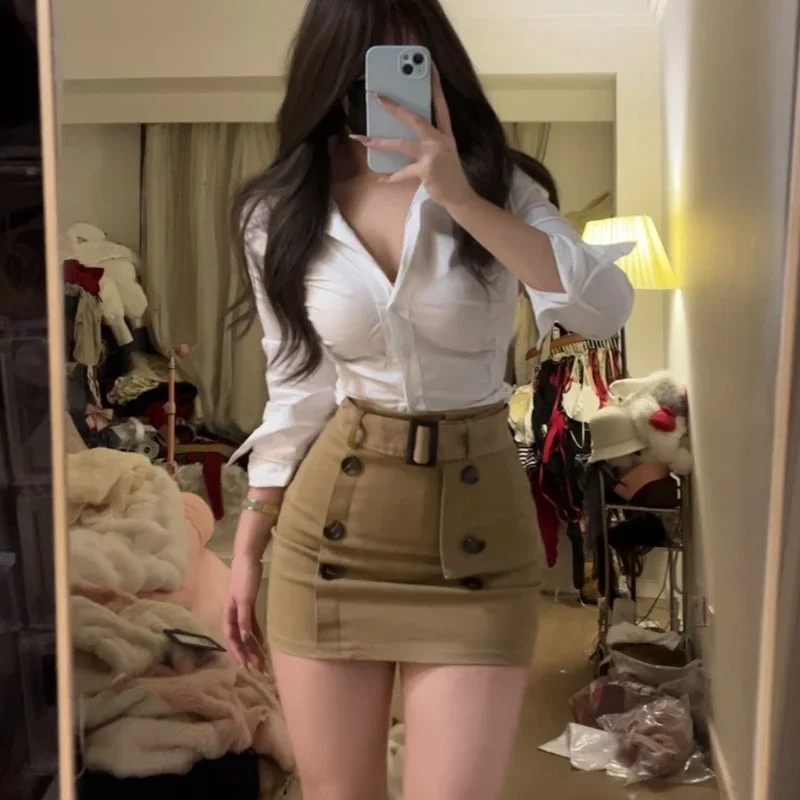 

Office Lady Skirt Sets Women Casual Slim White Shirt + Outwear Bodycon Elegant Mini Skirt 2024 New Spring Korean Fashion Suits