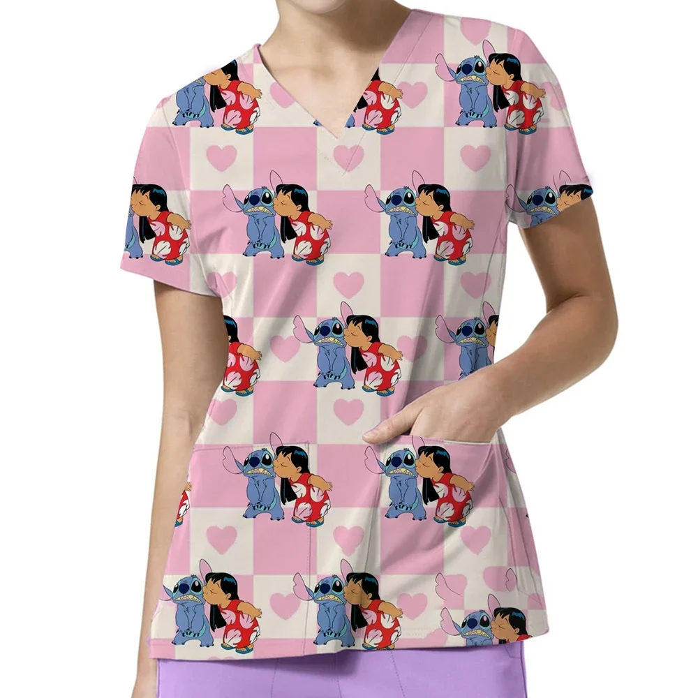 المرأة ممرضة نمط فرك القمم الصيف ديزني غرزة طباعة تي شيرتات قصيرة الاكمام الخامس الرقبة Kawaii الحيوانات الأليفة مستشفى موحدة Y2K #2