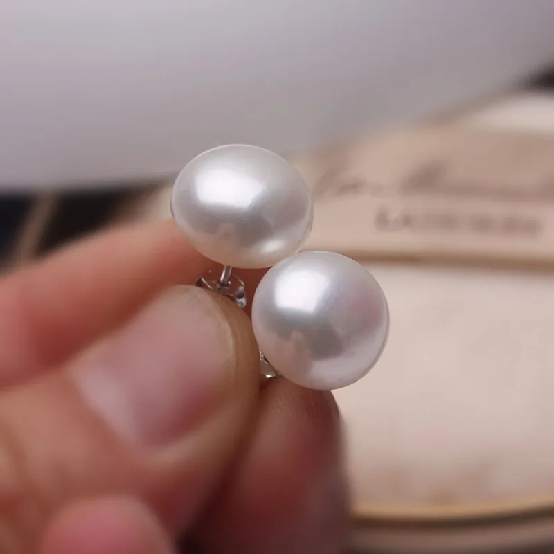 

13-14mm Large Flat Pearl Earrings 925 Silver Pearl Earrings Natural Genuine Pearl Earrings
