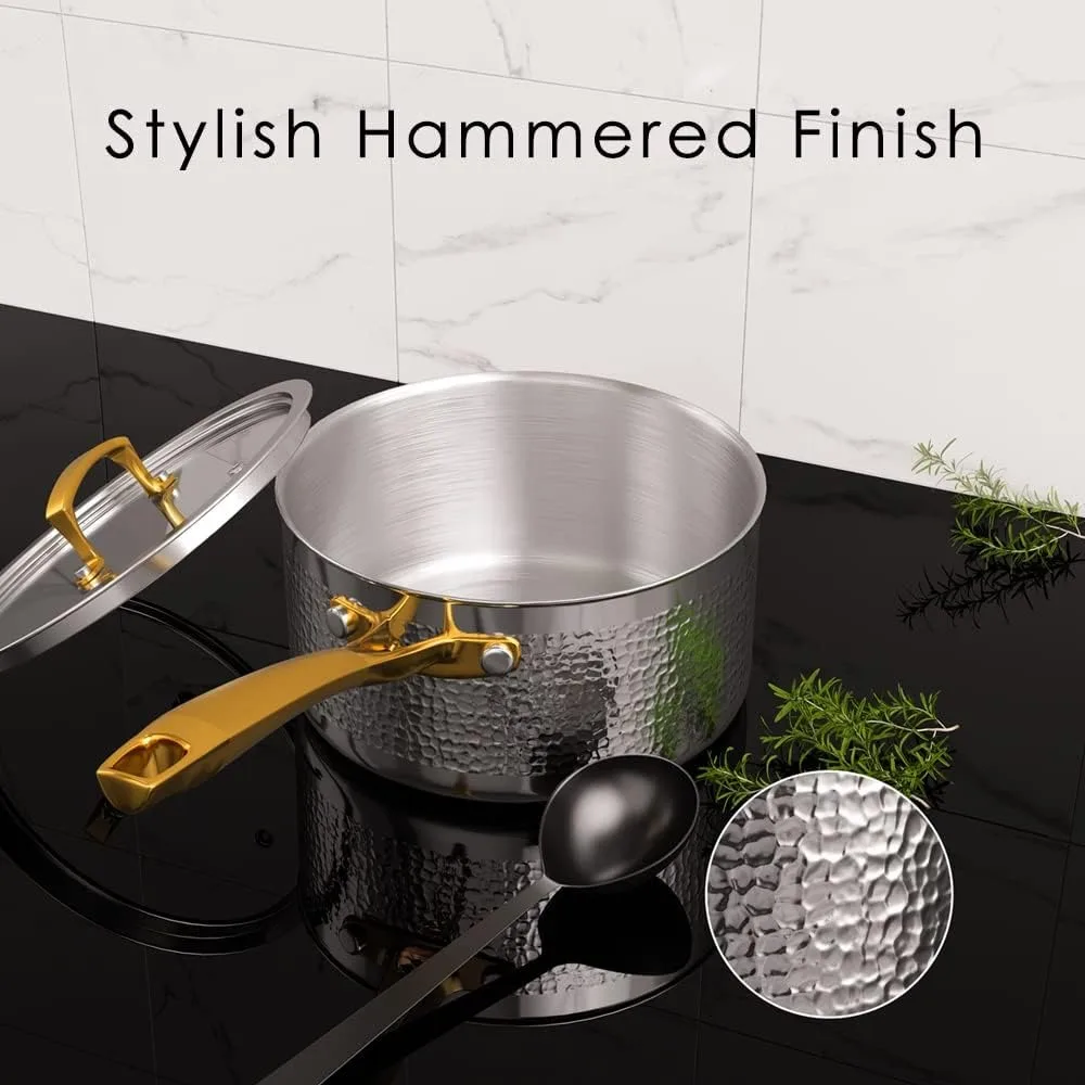 Pots and Pans Set, Tri-Ply Stainless Steel Hammered Kitchen Cookware, Induction Compatible, Dishwasher and Oven Safe