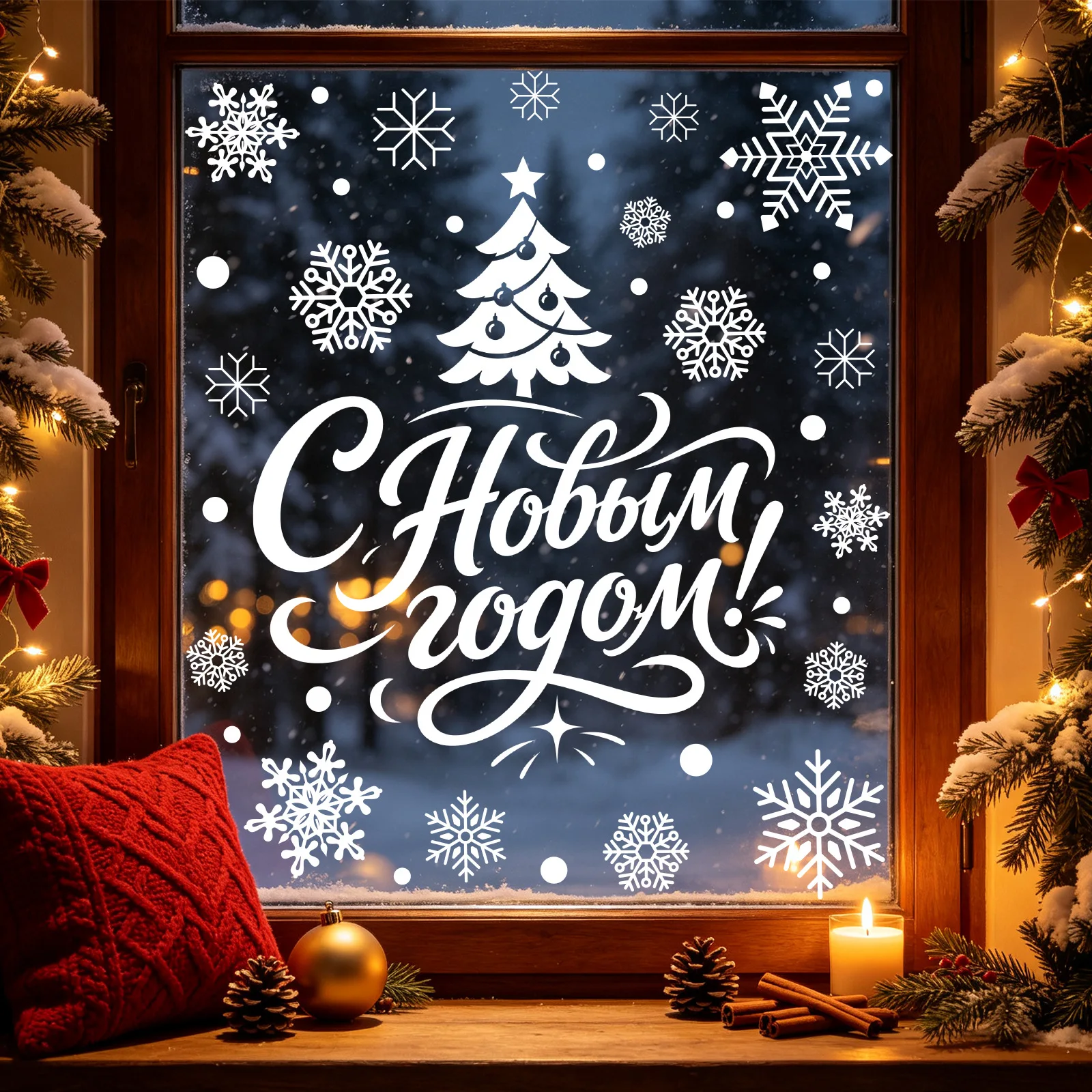 Christmas Static Window stickers Warm Winter White Russian Merry Christmas Letter Creative Snowflake Glass Stickers Decor