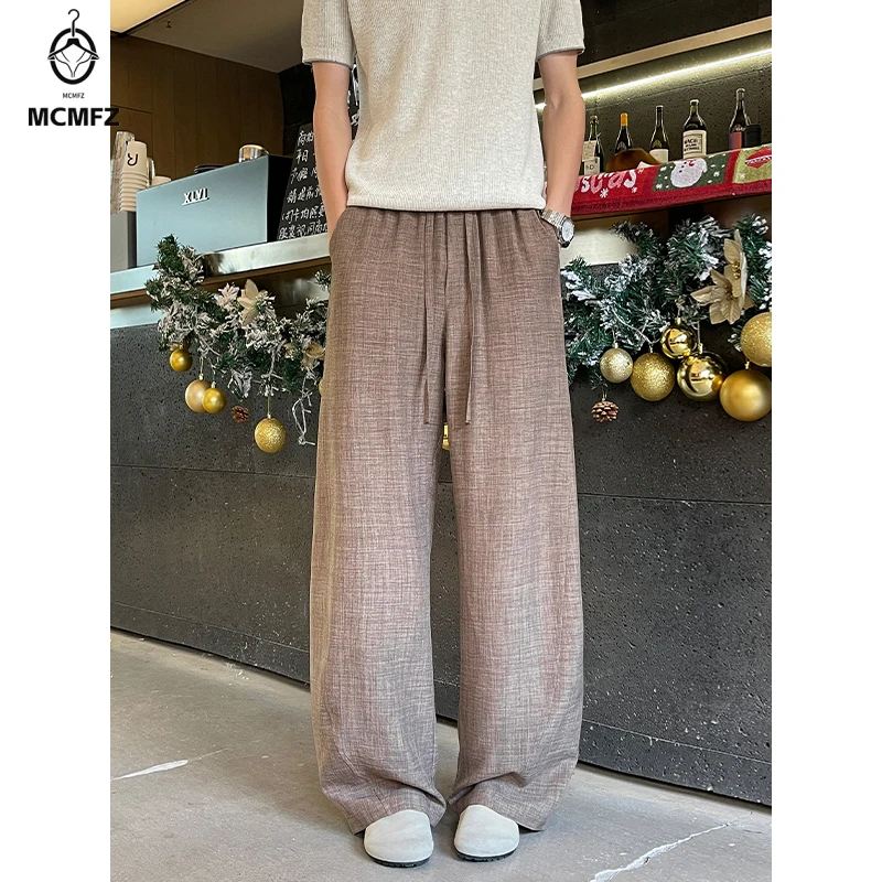 Mens Streetwear Loose Straight Pants Drawstring Elastic Waist Lightweight Textured Fabric For Holiday Daily Matching
