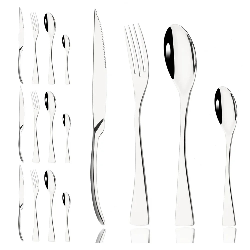 

16Pcs Silver High Quality Flatware Set Dinnerware Set Mirror Steak Knife Fork Spoon Set Stainless Steel Kitchen Tableware Set