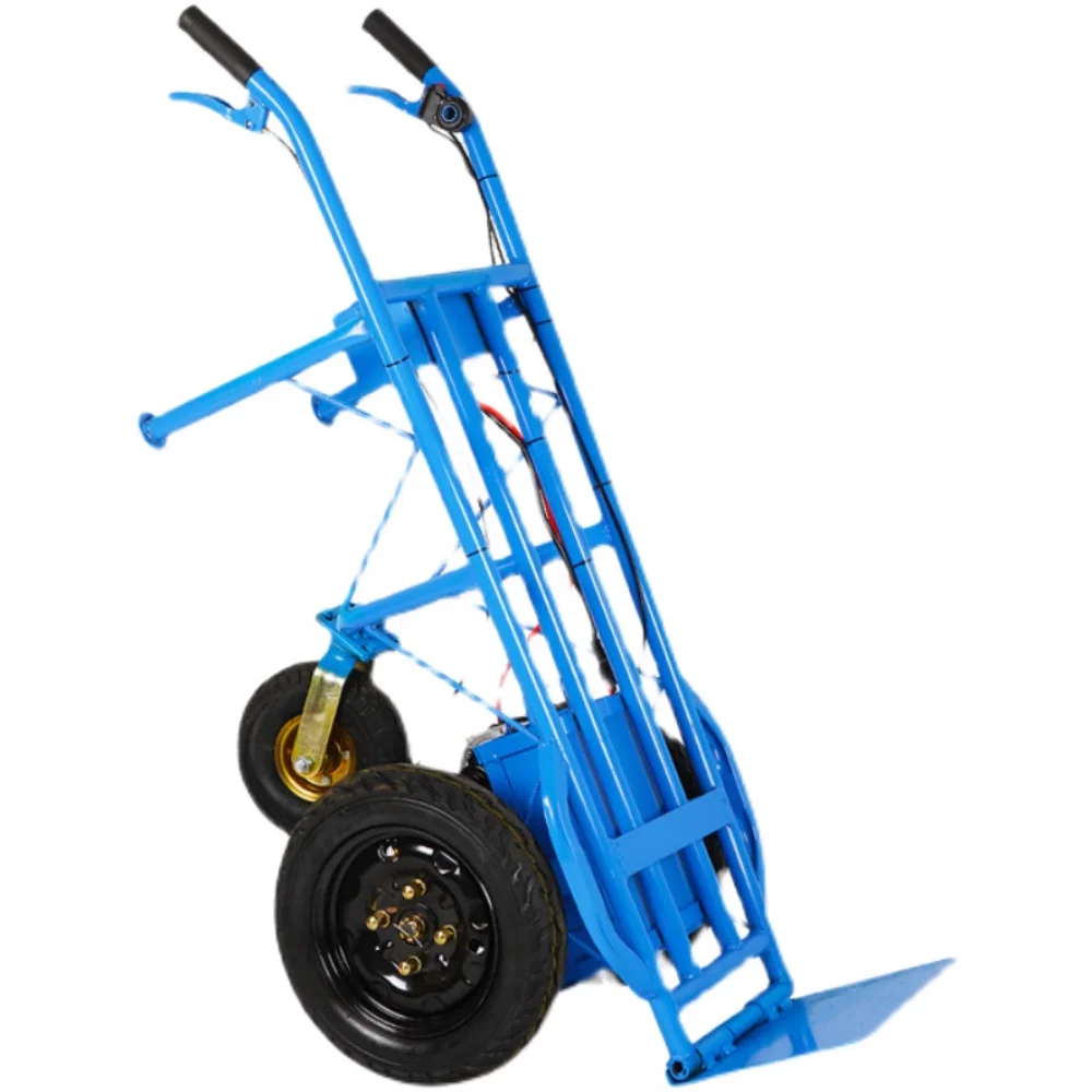 

Fully electric two wheeled hand pushed flatbed transport site trolley with light load