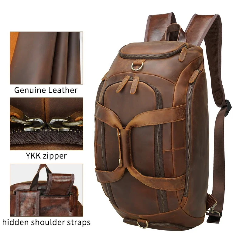 2024 New Arrival Personalized Large Capacity Vintage Brown Genuine Real Leather Weekend Travel Bags Luggage Bag