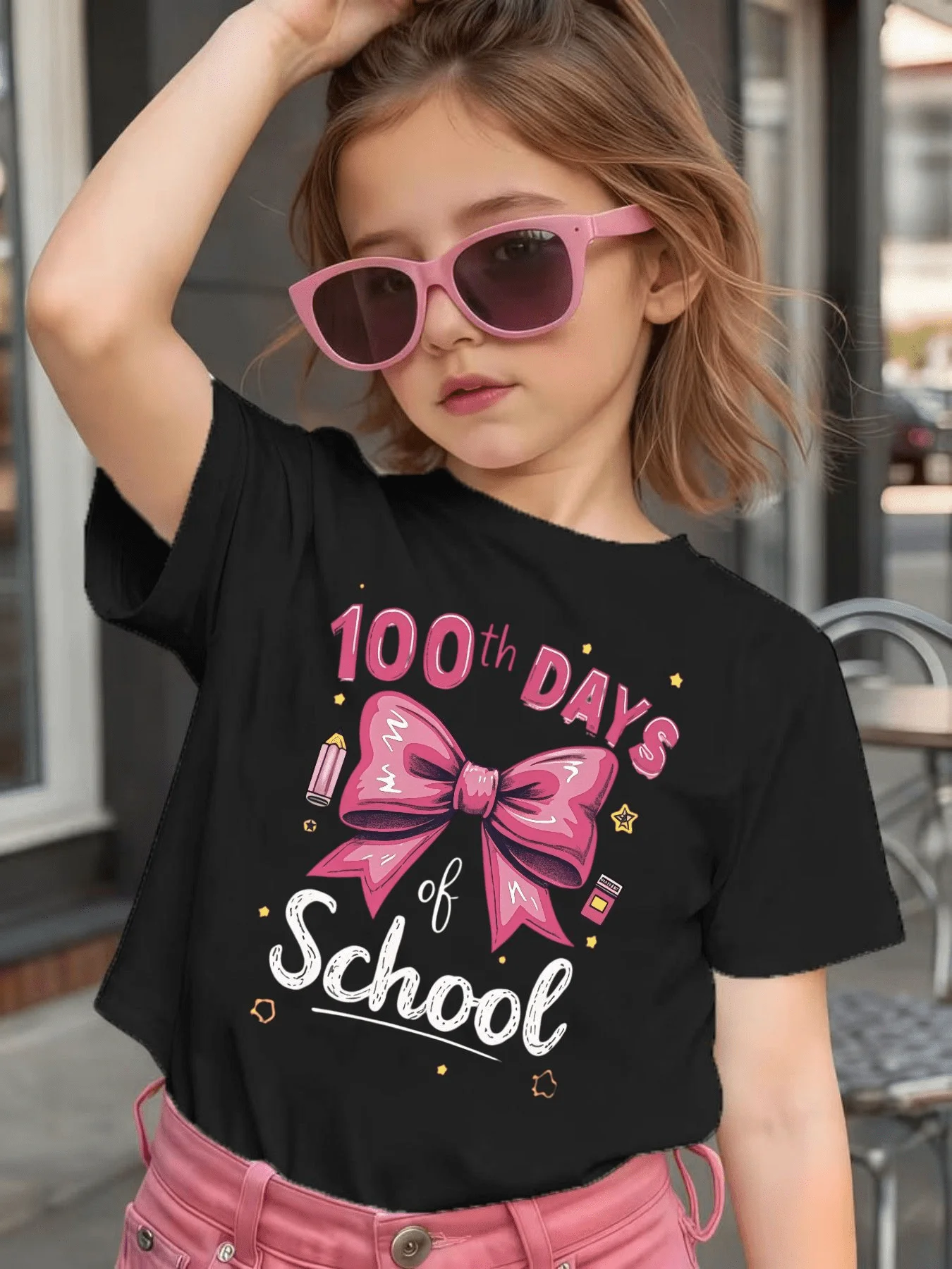 Cute 100th Days Of School Pink Bow Graphic Kids Tee Boys Girls Family Matching Cotton Crew Neck Short Sleeve Soft Summer Tee