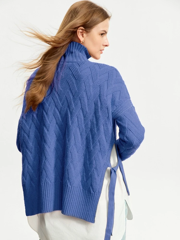 AMII Minimalist 2023ฤดูใบไม้ร่วงฤดูหนาวใหม่ผู้หญิงเสื้อกันหนาวนุ่มคอเต่าหลวมNiche LACE-UpแขนยาวPullovers 12344244