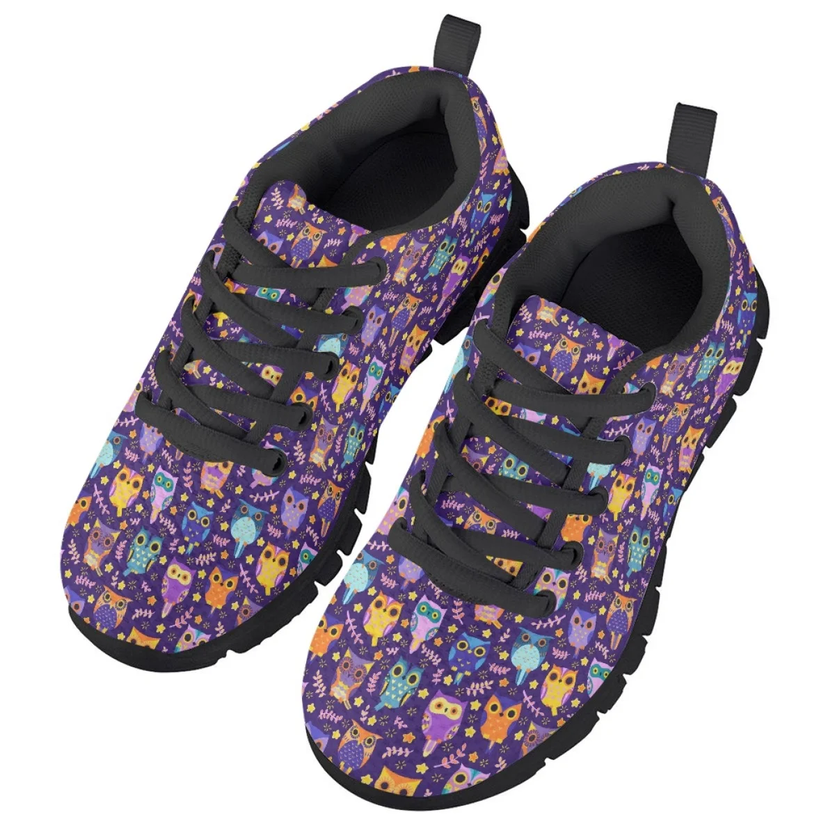 Sapatilhas de malha padrão para adolescentes, sapatos baixos com renda, calçado infantil leve, moda casual, coruja, roxo