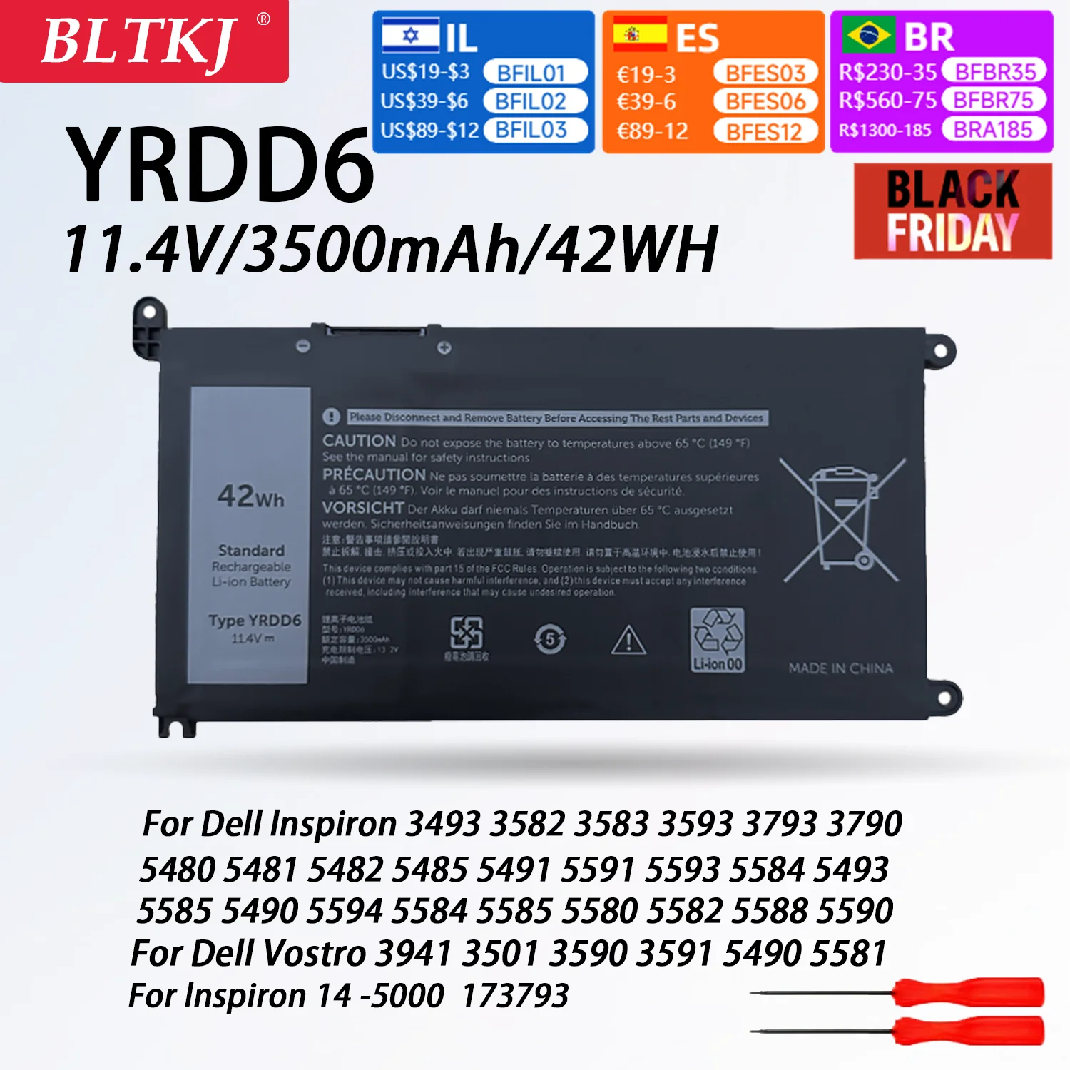 NEW YRDD6  Laptop Battery For Dell Vostro 3491 3591 3490 3590 3501 Inspiron 5481 5482 5485 5491 5591 5485 5585 5480