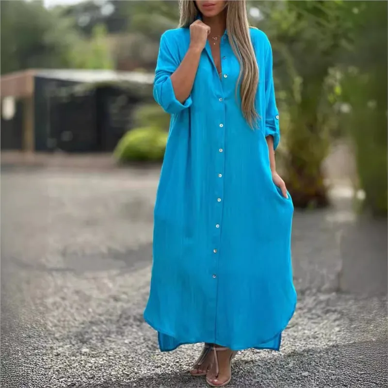 Ladies Lapel Collar Dress Stylish Women\'s V-neck Shirt Dress with Pockets Side Split Loose Fit Midi Dress for Beach Holiday Robe