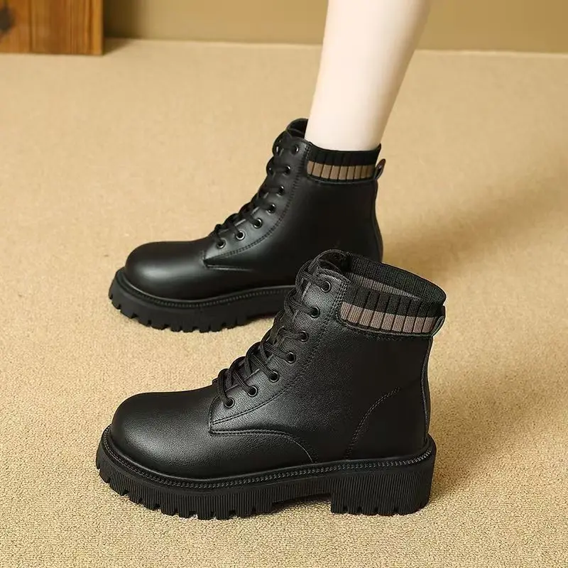 

Women's Winter New Leather Big Size High Top Boots Block Heel Round Toe Lace Up Waterproof Plush Keep Warm Work Boot Cotton Boot