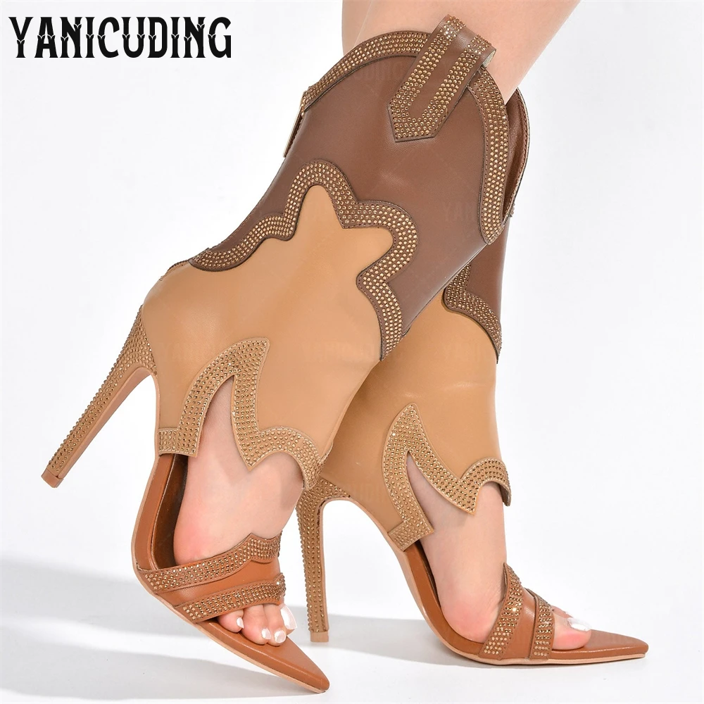 Skinny Rhinestone Western Summer Booties Open Toe High Heeled Sandals Pointed Stiletto Heel Luxurious Handmade Boots for Women