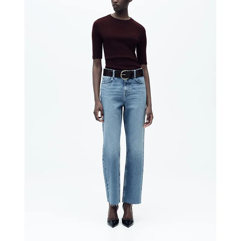 Spring New Women's Casual Metal Button Decorated Multi-Color Straight High Waist Jeans High Waist Wide Leg Polyester Fiber