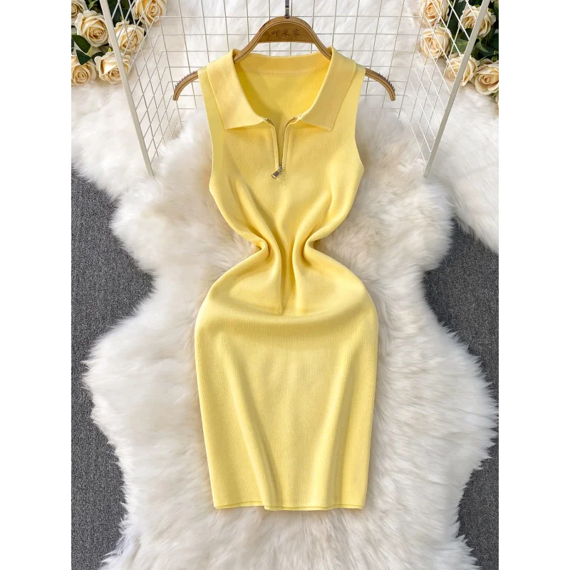 INS mince femmes été col polo tricoté moulante mini robe courte débardeur décontracté Chic fête sexy fermeture éclair streetwear robe de boîte de nuit