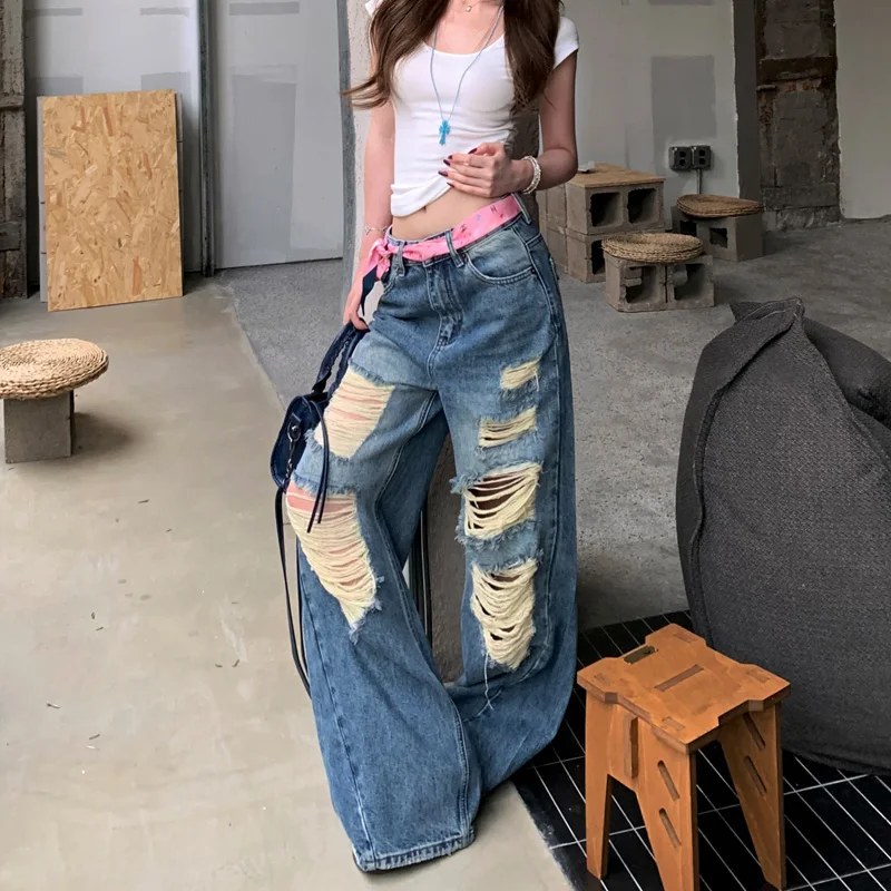 Benuynffy Vintage Y2K Jeans lavati strappati da donna American Streetwear Pantaloni in denim a gamba larga larghi casual a vita bassa 2025