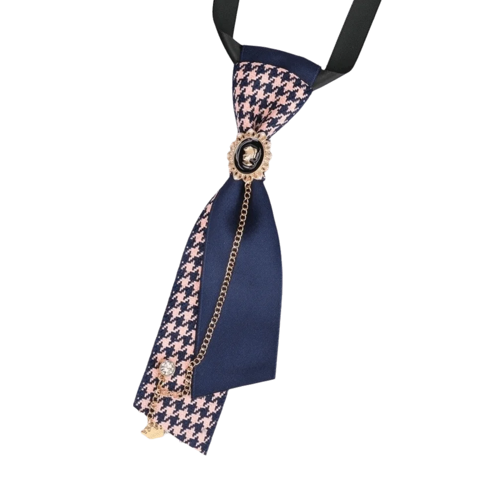 Y2K Preppy Necktie Oval Adjustable Strap Plaid Bow Tie Rhinestone Chain Multiple Colors Decorative Neck Tie