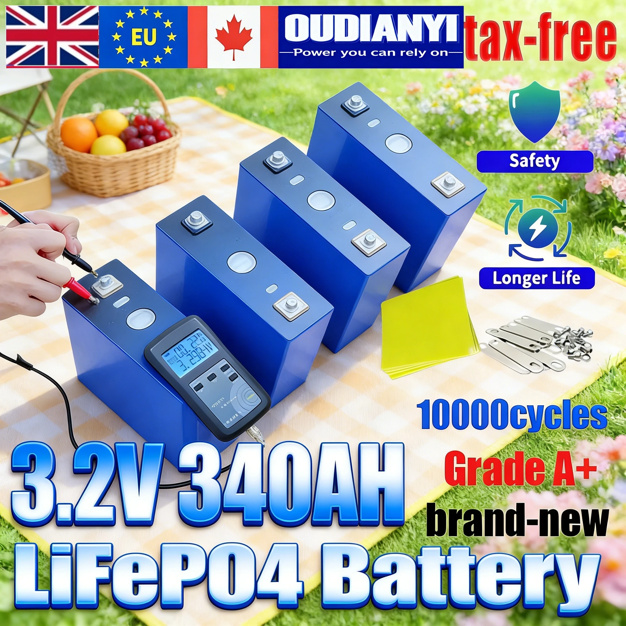 

【Duty-free】Lifepo4 Battery 3.2V 340AH Rechargeable 10000Cycles DIY 12V 24V 48V for RV EV Boat Golf Solar Energy Camping
