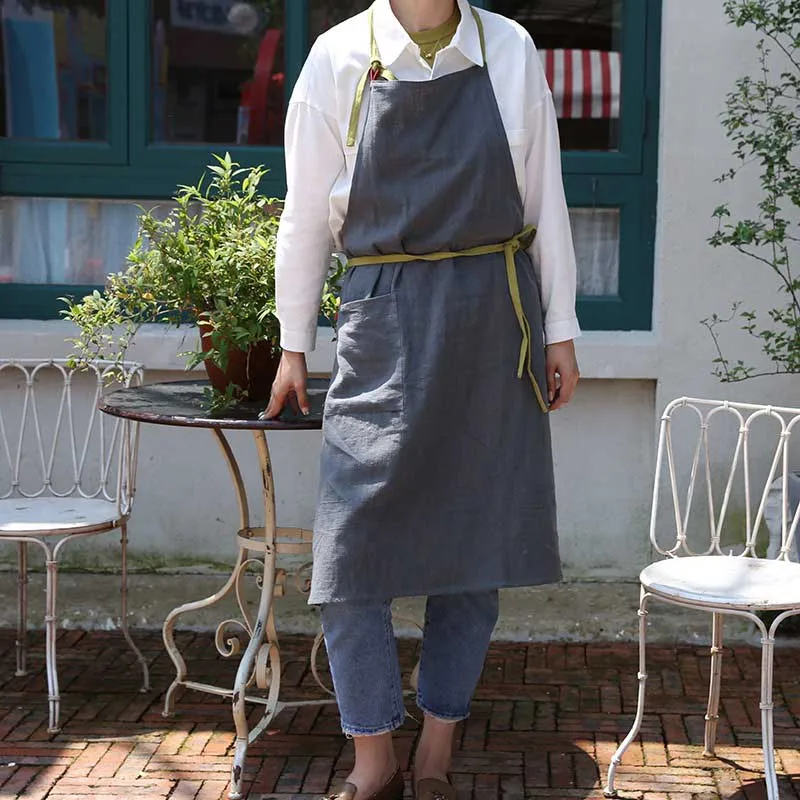 

Stain-resistant Loose Cotton Linen Apron for Men and Women with Pocket Home Long Soft Sleeveless Pinafore for Kitchen Garden