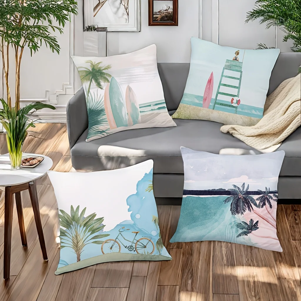 1PC 2D Flat Coastal Beach Scene Throw Pillow Covers Tropical Surf Lifeguard Bike Vacation Home Decor Cushion Cases