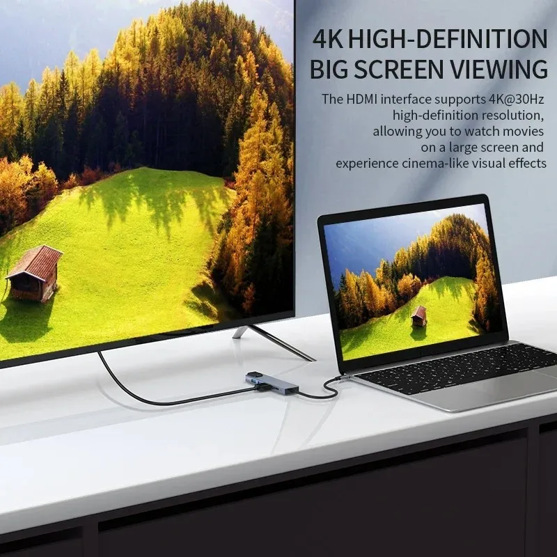 6In1 USB C Thunderbolt3 Laptop Docking Station Type-C to 4K HD Display RJ45 100Mbps Ethernet USB Splitter Hub with PD Charging