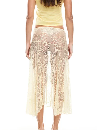 Imagen 2 del producto CHRONSTYLE, faldas por debajo de la rodilla para mujer, faldas de encaje Floral con dobladillo Irregular, faldas elásticas de cintura baja, faldas transparentes informales de verano, ropa de calle 2025