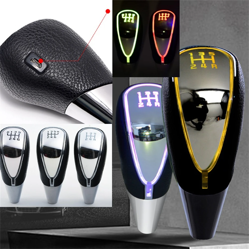 7 Colors Changes Activated Car Gear Shift Knob 5 6 Speed LED Gear Handball Knob Light Cigarette Lighter Charger Knobs AT MT