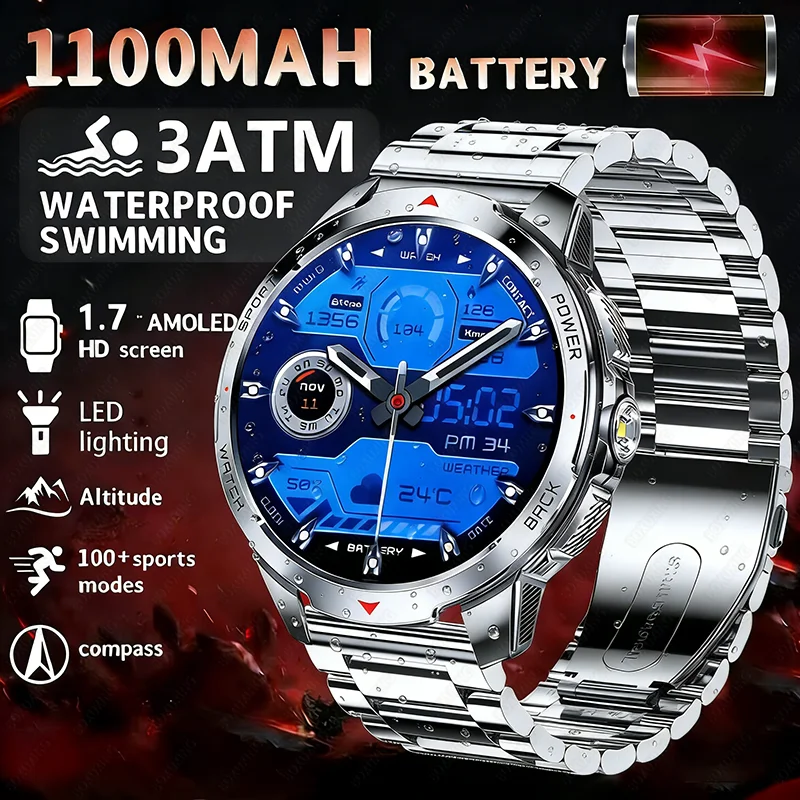 

Новые умные часы для активного отдыха 2026 года, мужские, с аккумулятором 1100 мАч, 1,7-дюймовым AMOLED-дисплеем, Bluetooth-звонками, водонепроницаемостью 3ATM и светодиодным фонариком