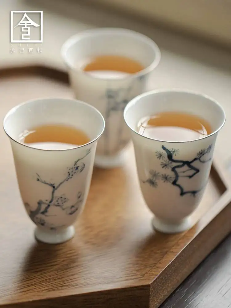Hand-Painted Underglaze Blue White Porcelain Cup With Theme The Three Friends Of Winter, Featuring Light Boat A Tall Stand,