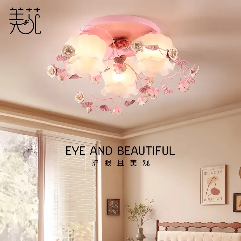 Jiayuan Pastoral Romantic Wrought Iron Flower Grass Ceiling Lamp Warm Princess Bedroom Light for Girl Wedding Room Decor