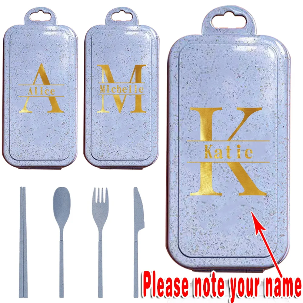 Customized Name 4PCS Contemporary Cutlery Set Wheat Straw Portable Utensils With Case DIY Travel Silverware Fork Knife Spoon Box